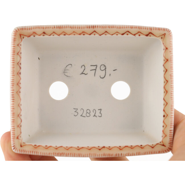 Pot à bonsaï rectangulaire blanc et rouge par Kutani - 92 x 74 x 33 mm