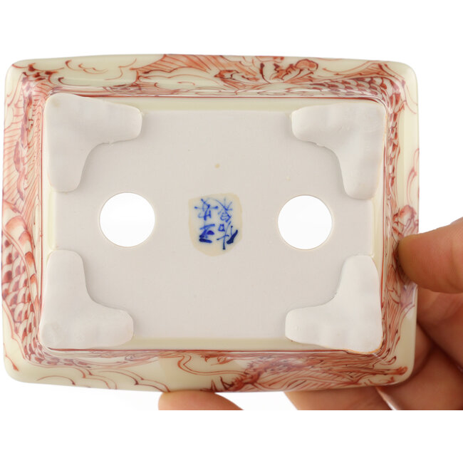 Rectangular white and red bonsai pot by Kutani - 92 x 74 x 33 mm