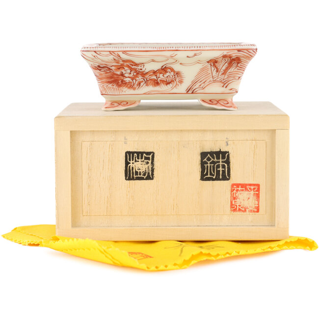 Rechteckiger weiß-roter Bonsai-Topf von Kutani - 92 x 74 x 33 mm