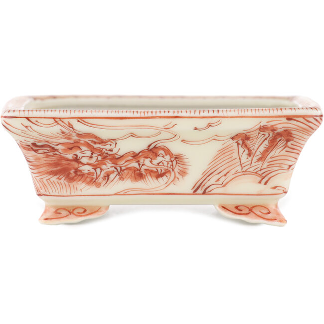 Maceta rectangular para bonsái blanca y roja de Kutani - 92 x 74 x 33 mm