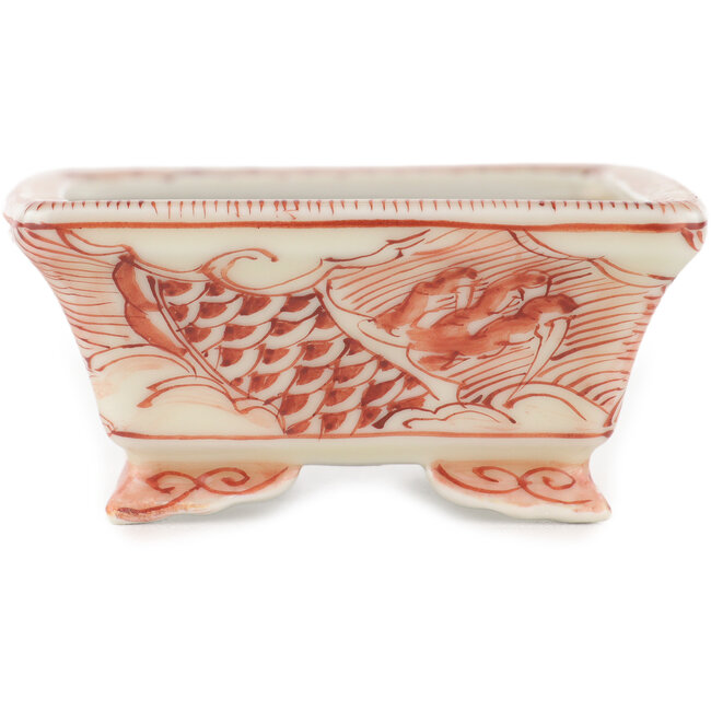 Rectangular white and red bonsai pot by Kutani - 92 x 74 x 33 mm