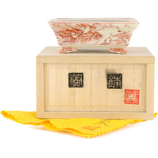Kutani Aritomo 92 mm rechteckiger weiß-roter Bonsai-Topf von Kutani, Japan
