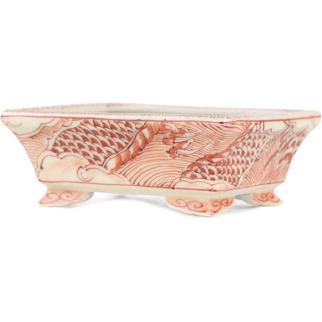 Vaso bonsai rettangolare bianco e rosso di Kutani - 92 x 74 x 33 mm
