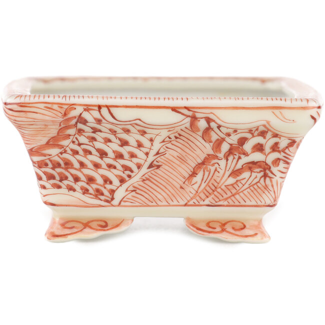 Maceta rectangular para bonsái blanca y roja de Kutani - 92 x 74 x 33 mm