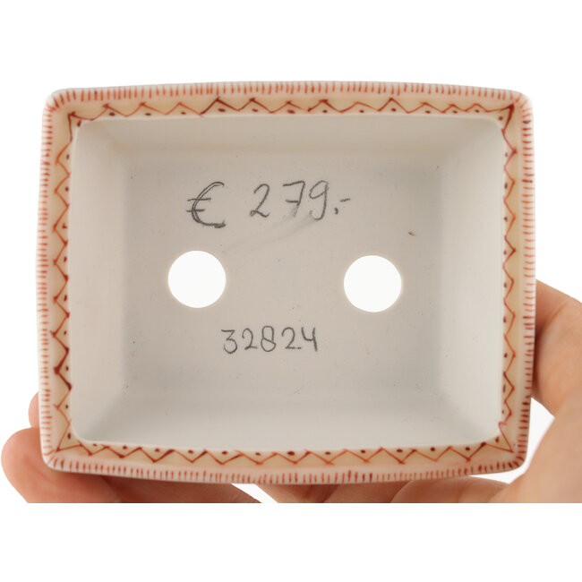 Rechteckiger weiß-roter Bonsai-Topf von Kutani - 92 x 74 x 33 mm