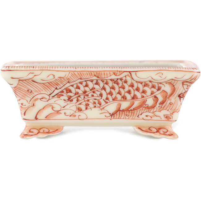 Rectangular white and red bonsai pot by Kutani - 92 x 74 x 33 mm