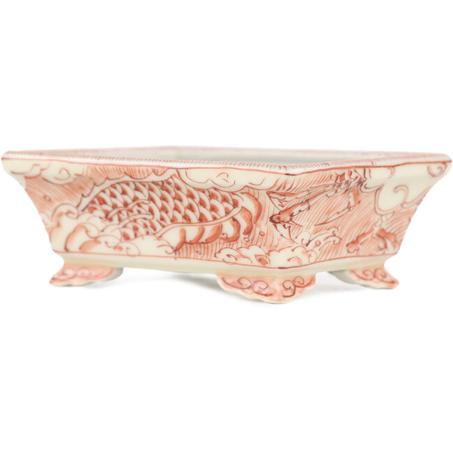 Vaso bonsai rettangolare bianco e rosso di Kutani - 92 x 74 x 33 mm
