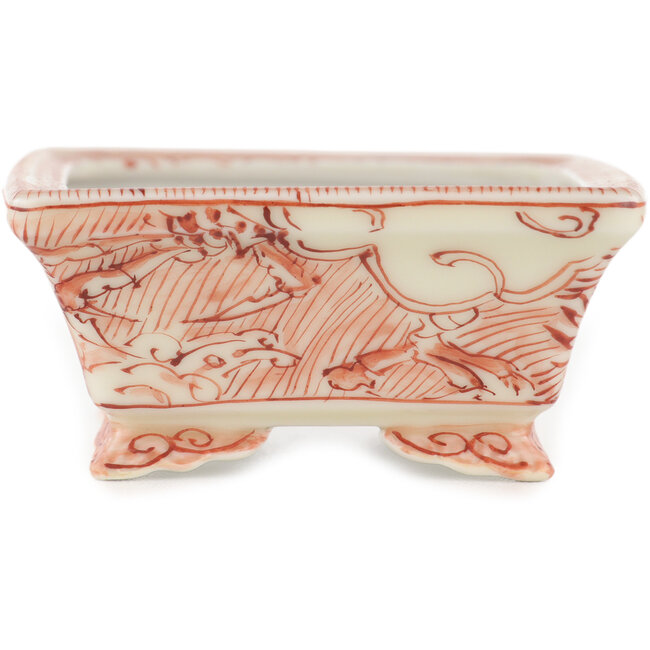 Vaso bonsai rettangolare bianco e rosso di Kutani - 92 x 74 x 33 mm
