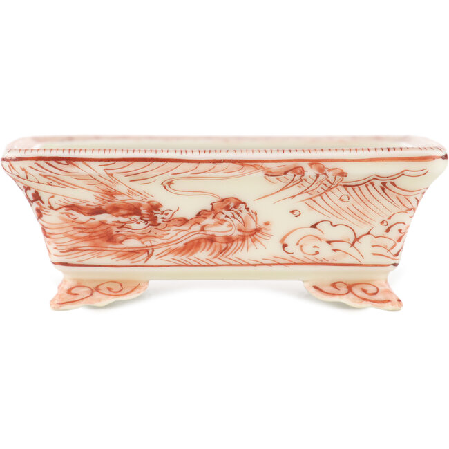 Rectangular white and red bonsai pot by Kutani - 92 x 74 x 33 mm
