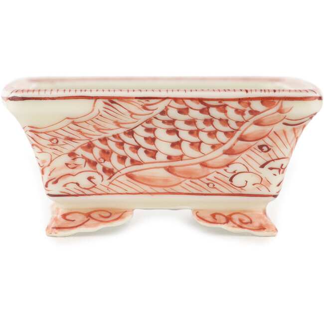 Vaso bonsai rettangolare bianco e rosso di Kutani - 92 x 74 x 33 mm