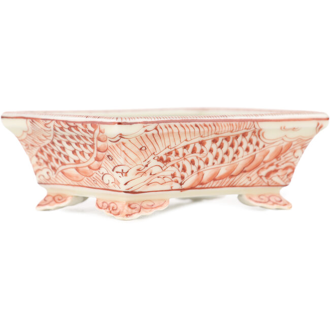 Pot à bonsaï rectangulaire blanc et rouge par Kutani - 92 x 74 x 33 mm