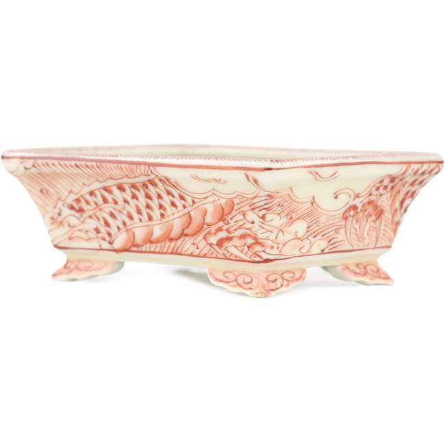 Pot à bonsaï rectangulaire blanc et rouge par Kutani - 92 x 74 x 33 mm