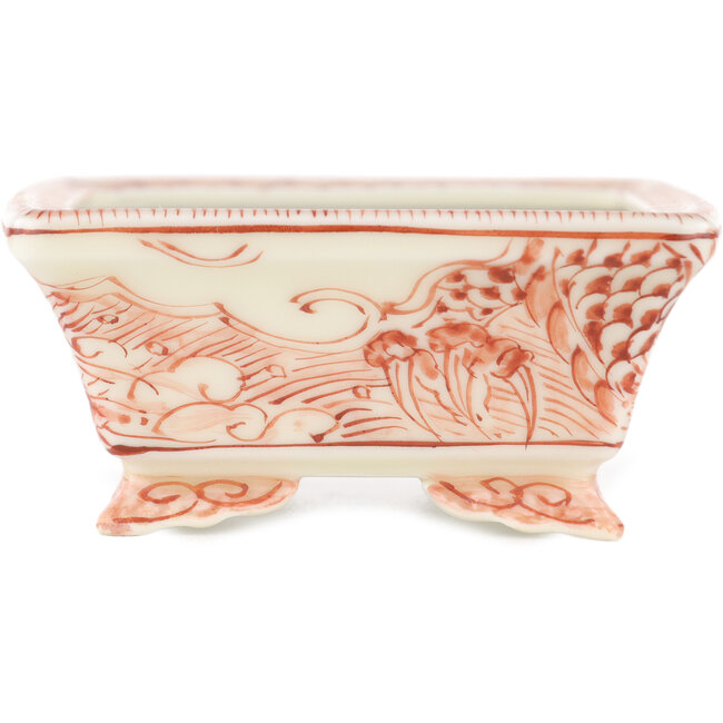 Pot à bonsaï rectangulaire blanc et rouge par Kutani - 92 x 74 x 33 mm