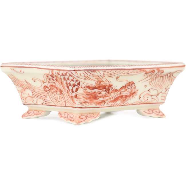 Pot à bonsaï rectangulaire blanc et rouge par Kutani - 92 x 74 x 33 mm