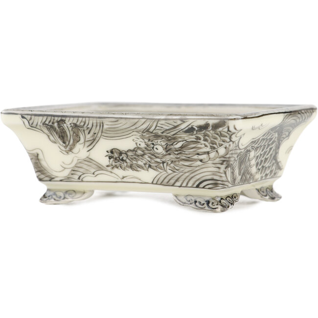 Vaso bonsai rettangolare bianco e nero di Kutani - 92 x 74 x 33 mm