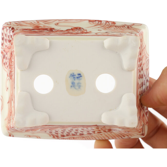 Pot à bonsaï rectangulaire blanc et rouge par Kutani - 92 x 74 x 33 mm