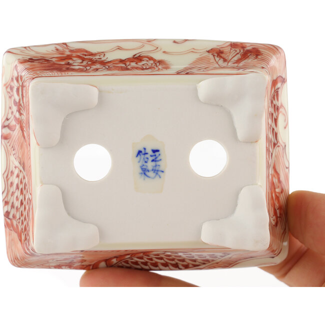 Rectangular white and red bonsai pot by Kutani - 92 x 74 x 33 mm