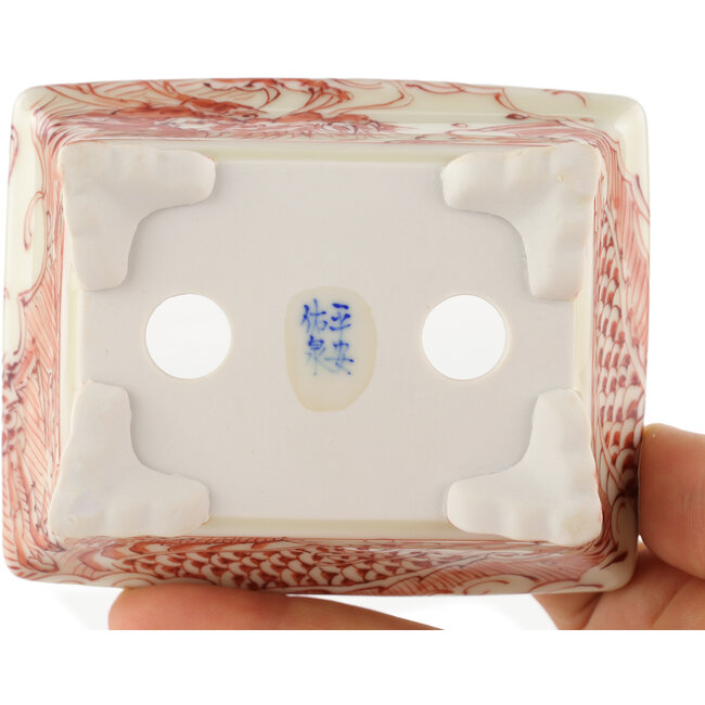 Rechthoekige witte en rode bonsaipot van Kutani - 92 x 74 x 33 mm