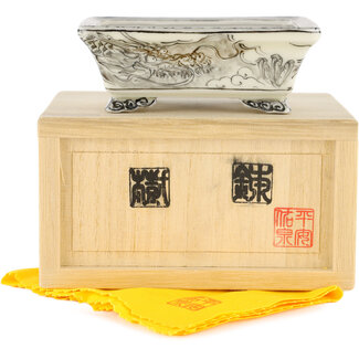 Kutani Aritomo 92 mm rectangular white and black bonsai pot by Kutani, Japan