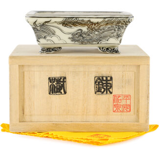 Kutani Aritomo Pot à bonsaï rectangulaire blanc et noir 92 mm par Kutani, Japon