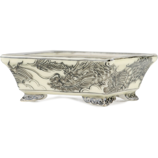 Vaso bonsai rettangolare bianco e nero di Kutani - 92 x 74 x 33 mm