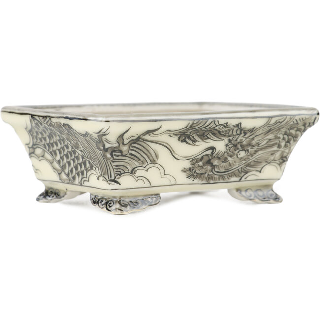 Rechthoekige witte en zwarte bonsaipot van Kutani - 92 x 74 x 33 mm