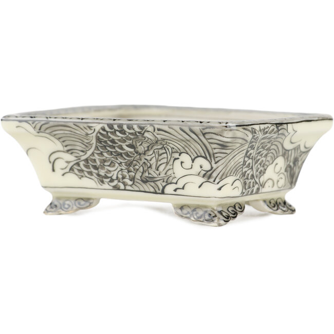 Rechteckiger weißer und schwarzer Bonsai-Topf von Kutani - 92 x 74 x 33 mm