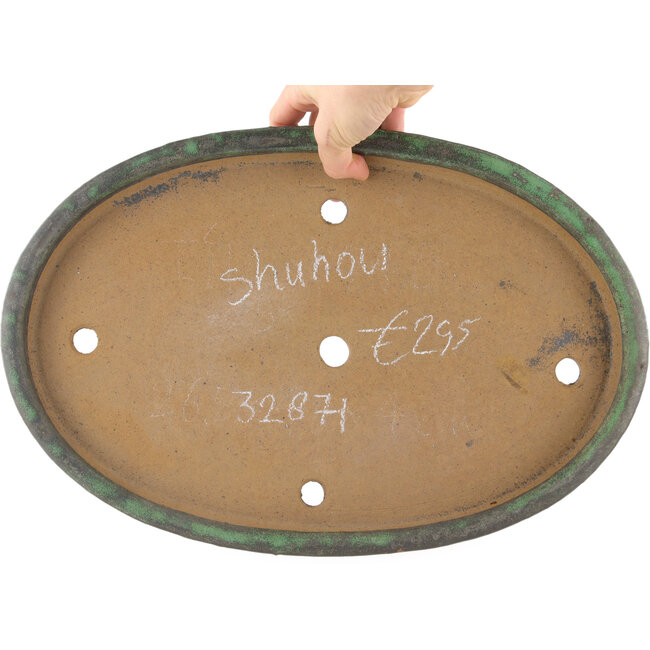 Oval green bonsai pot by Shuhou - 395 x 265 x 40 mm