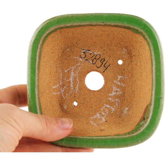 Square green craquelé bonsai pot by Hattori - 105 x 103 x 45 mm