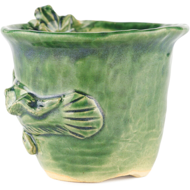 Ronde groene bonsaipot van Masashi Furumoto - 107 x 107 x 89 mm