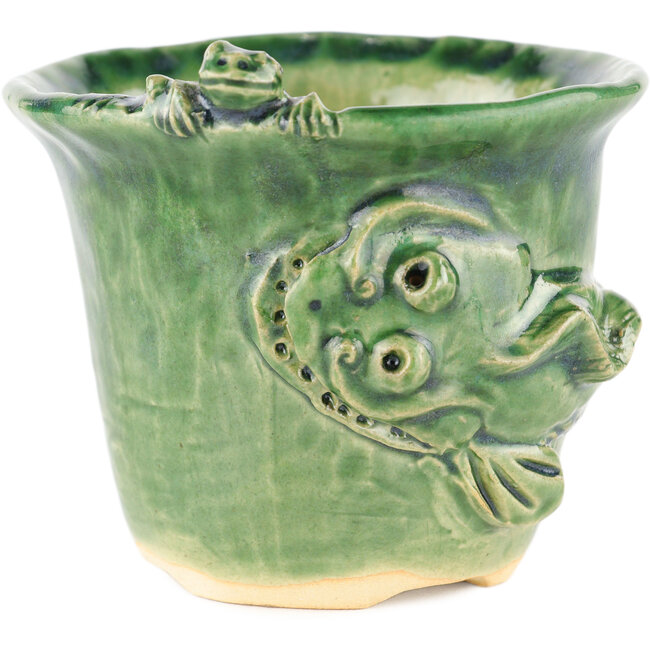 Ronde groene bonsaipot van Masashi Furumoto - 107 x 107 x 89 mm