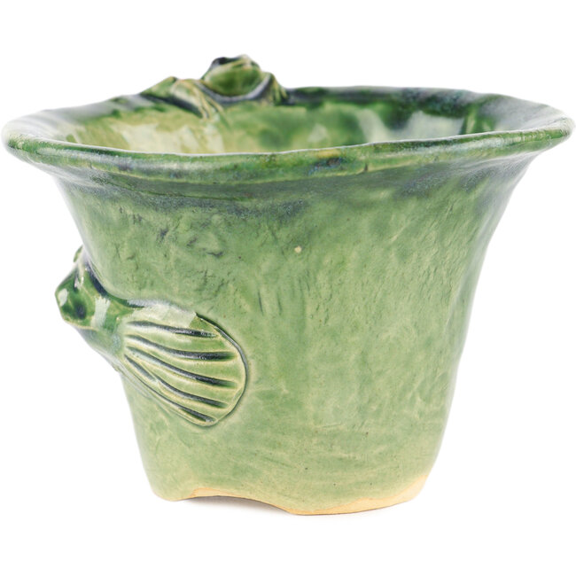 Ronde groene bonsaipot van Masashi Furumoto - 125 x 125 x 86 mm