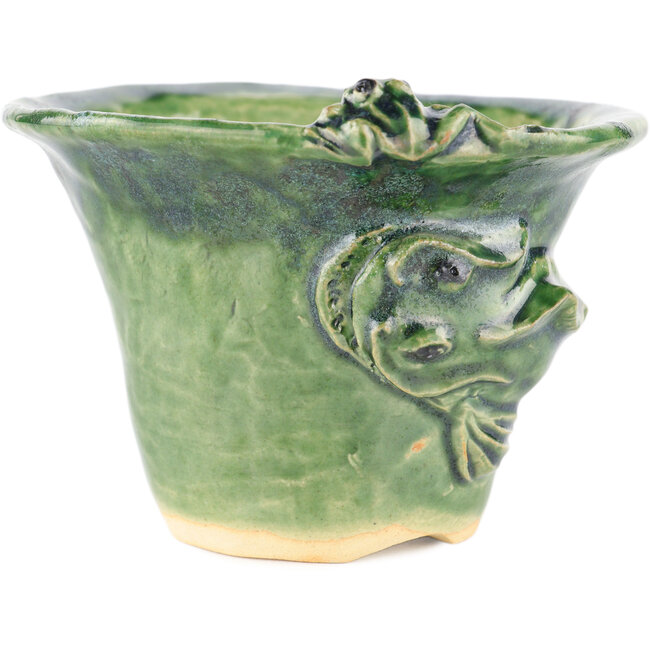 Ronde groene bonsaipot van Masashi Furumoto - 125 x 125 x 86 mm