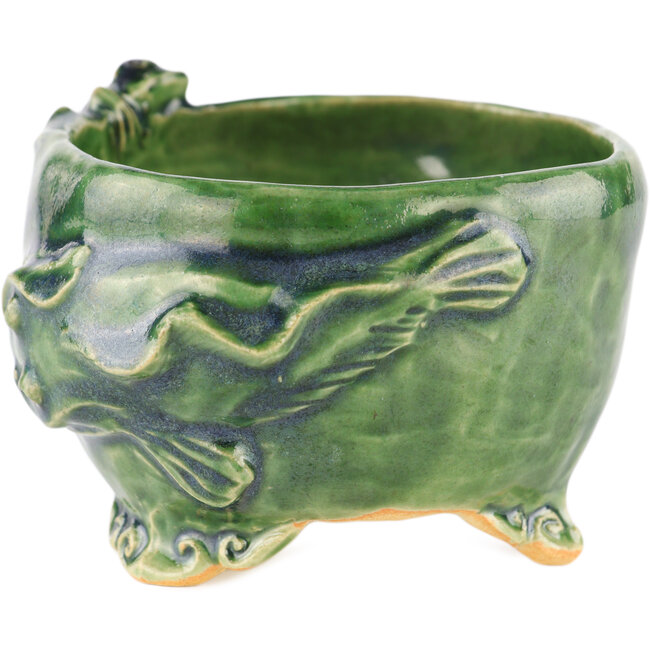 Round green bonsai pot by Masashi Furumoto - 100 x 100 x 68 mm