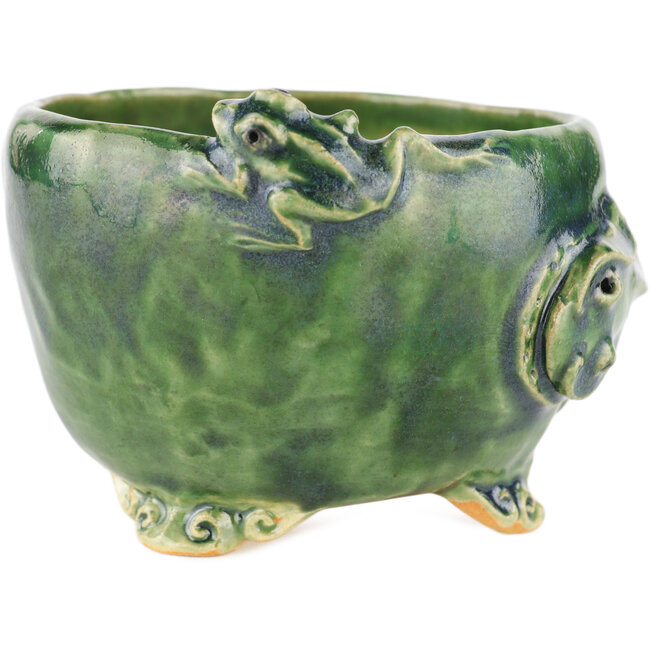 Round green bonsai pot by Masashi Furumoto - 100 x 100 x 68 mm