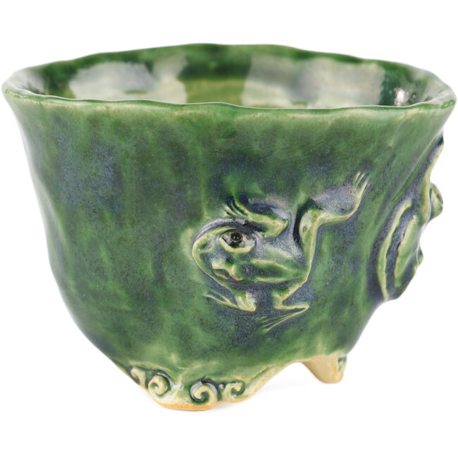 Round green bonsai pot by Masashi Furumoto - 100 x 100 x 70 mm