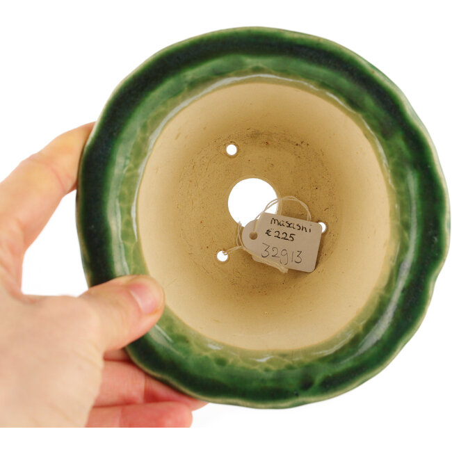 Round green bonsai pot by Masashi Furumoto - 115 x 115 x 92 mm