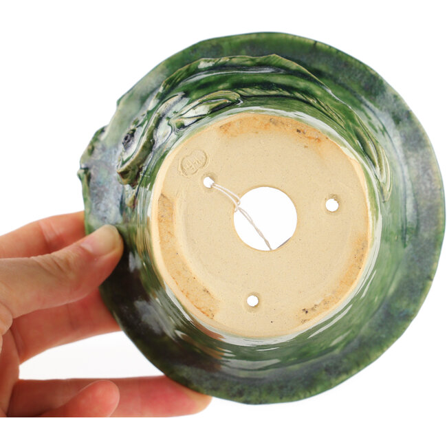 Ronde groene bonsaipot van Masashi Furumoto - 125 x 125 x 86 mm