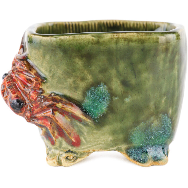 Square green bonsai pot by Masashi Furumoto - 73 x 70 x 57 mm