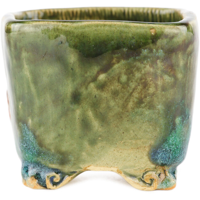 Square green bonsai pot by Masashi Furumoto - 73 x 70 x 57 mm