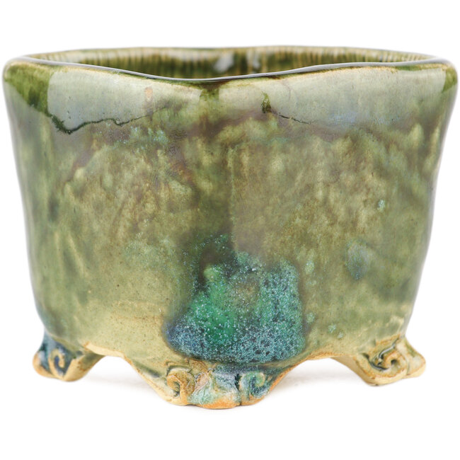 Square green bonsai pot by Masashi Furumoto - 73 x 70 x 57 mm