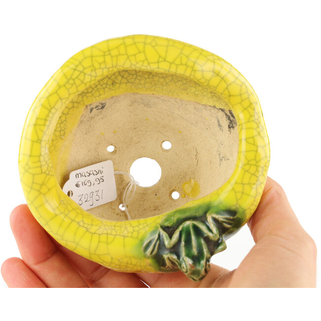 Round yellow bonsai pot by Masashi Furumoto - 100 x 95 x 45 mm