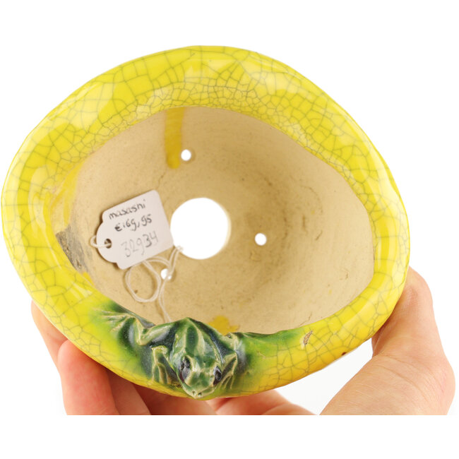 Vaso bonsai rotondo giallo di Masashi Furumoto - 115 x 95 x 55 mm