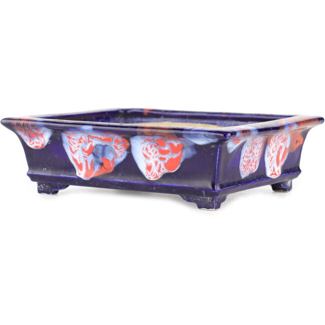 Rectangular blue craquelé bonsai pot by Bushuan Fukushige - 170 x 135 x 50 mm