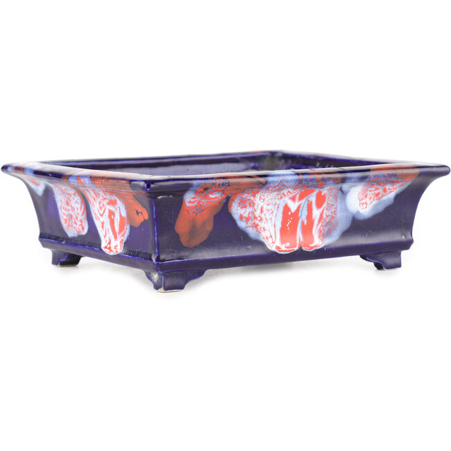 Rectangular blue craquelé bonsai pot by Bushuan Fukushige - 170 x 135 x 50 mm