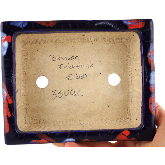 Maceta rectangular para bonsái con efecto craquelado azul de Bushuan Fukushige - 170 x 135 x 50 mm