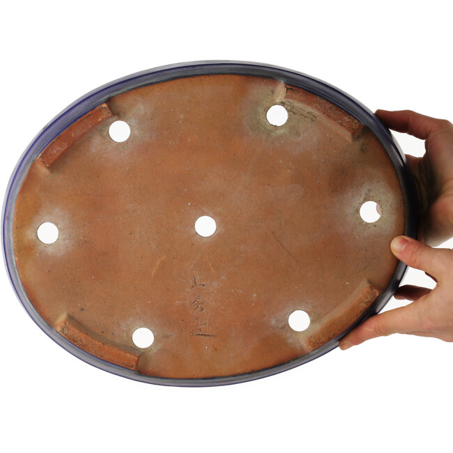 Oval blue bonsai pot by Yamafusa - 350 x 270 x 85 mm
