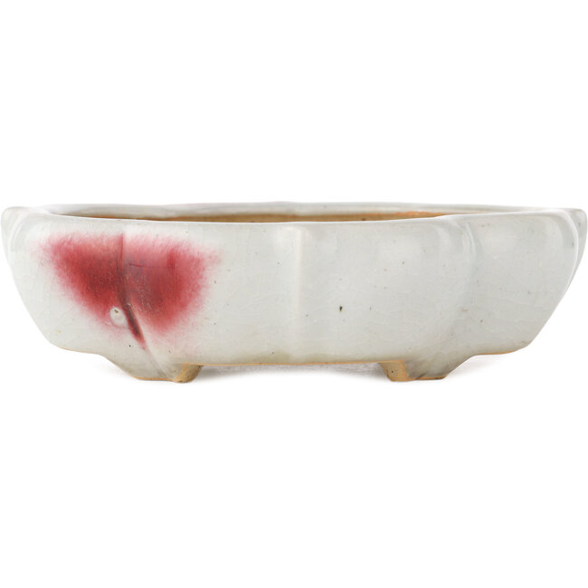 Mokko white and red craquelé bonsai pot by Eime Yozan - 195 x 165 x 50 mm