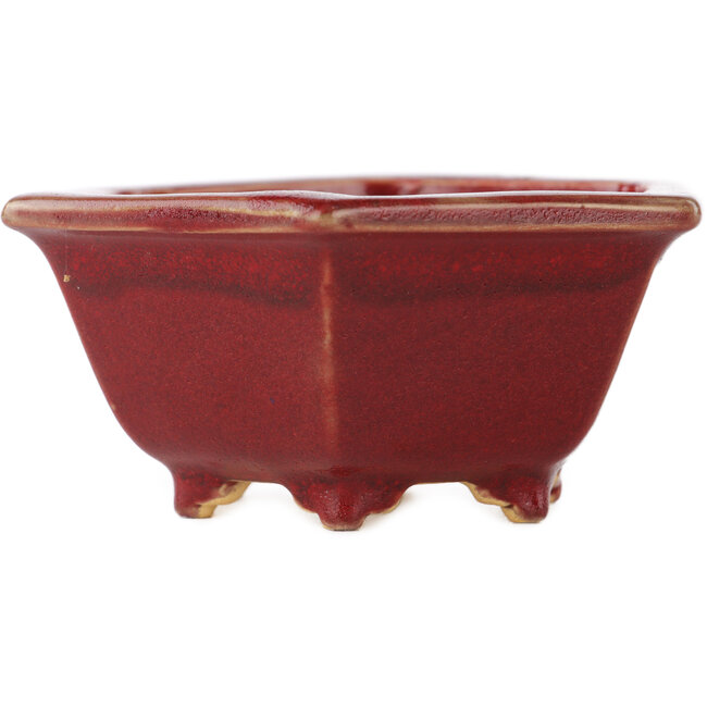 Hexagonal red bonsai pot by Eime Yozan - 107 x 107 x 55 mm