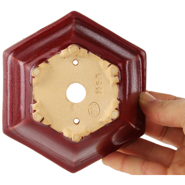 Pot à bonsaï hexagonal rouge par Eime Yozan - 107 x 107 x 55 mm
